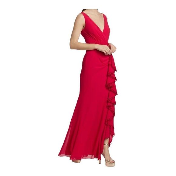 Badgley Mischka Red V-neck Ruffle Pom Pom Gown Size 8 - Picture 4 of 9